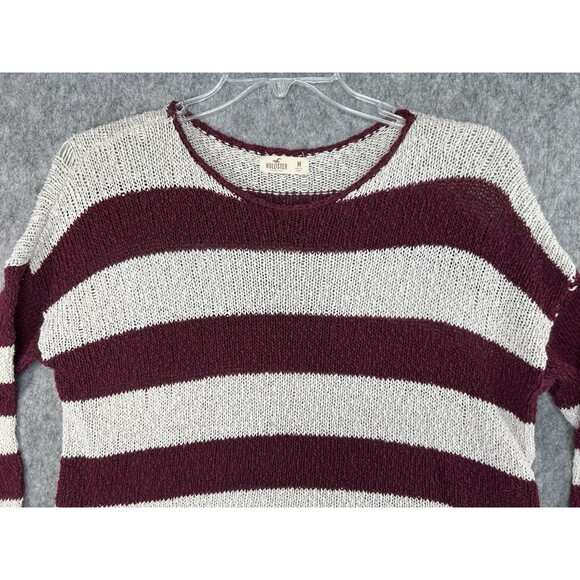 Hollister Cropped Sweater M Red White Stripe Roll Neck Loose Knit Distressed Y2K - Picture 2 of 12